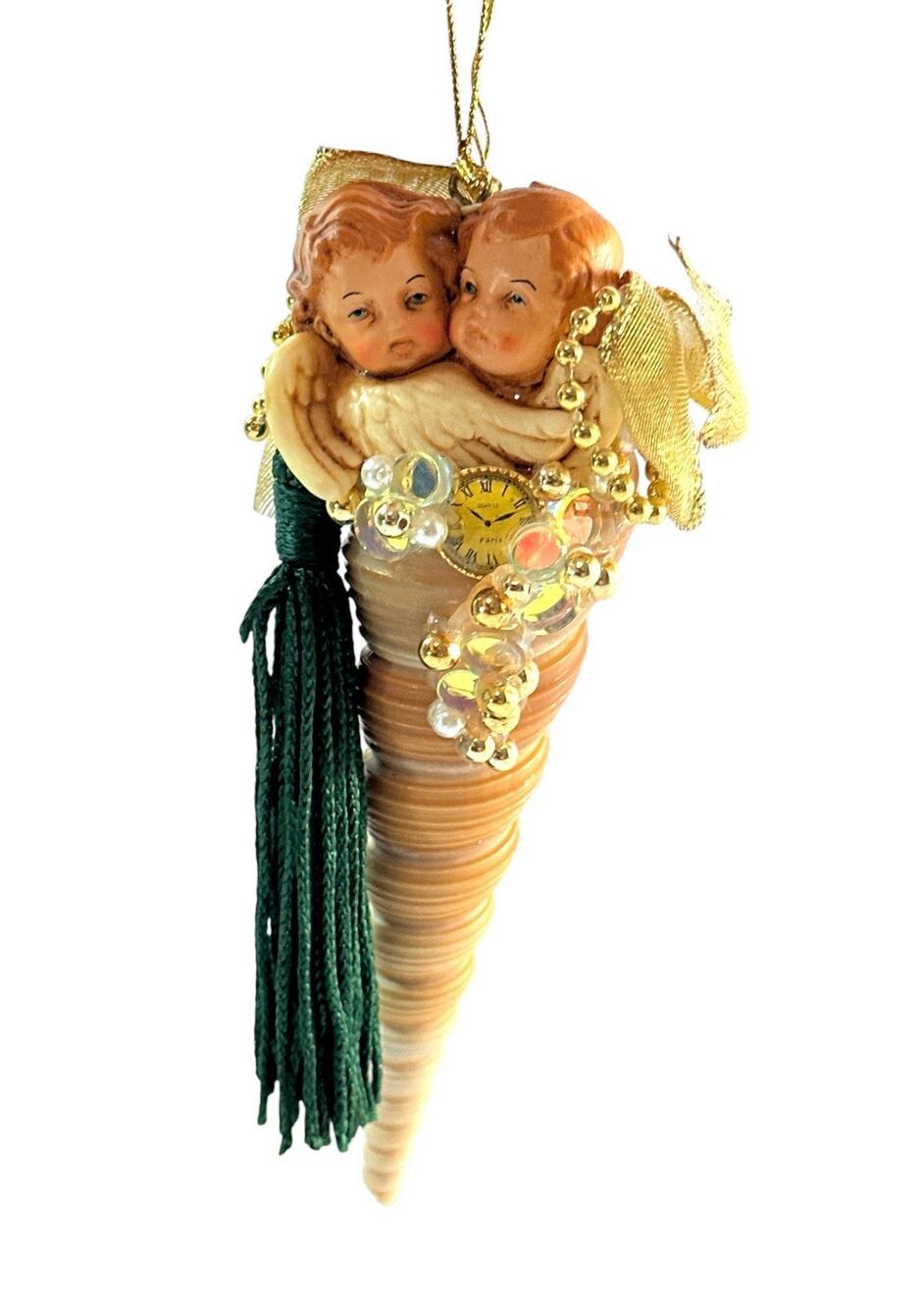 Vintage Cherub Seashell Christmas Ornament Beaded Tassel Victorian 5.5”